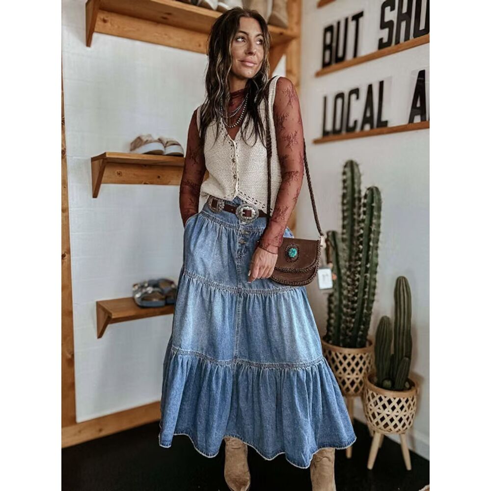Boho Swing High Waist Denim Maxi Skirt | Tiered Ruffle A-Line Button Front